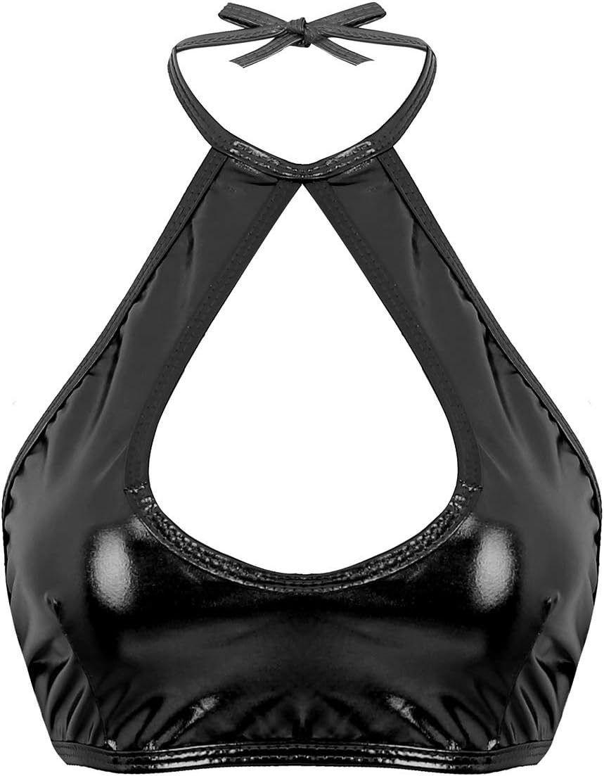 inlzdz Women's Shiny Metallic Halter Keyhole Crop Tops Vest Backless Bra Bandeau Rave Dance Bustier