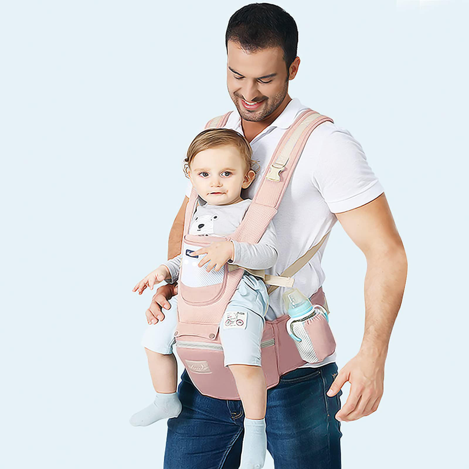 SONARIN Babytrage Atmungsaktiv mit Hüftsitz für Neugeborene und Kleinkinder von 0-36 Monate,Reiner Baumwolle 3D Air Mesh Babytrage Ergonomische,Multiposition,Bis zu 30 kg(Rosa)
