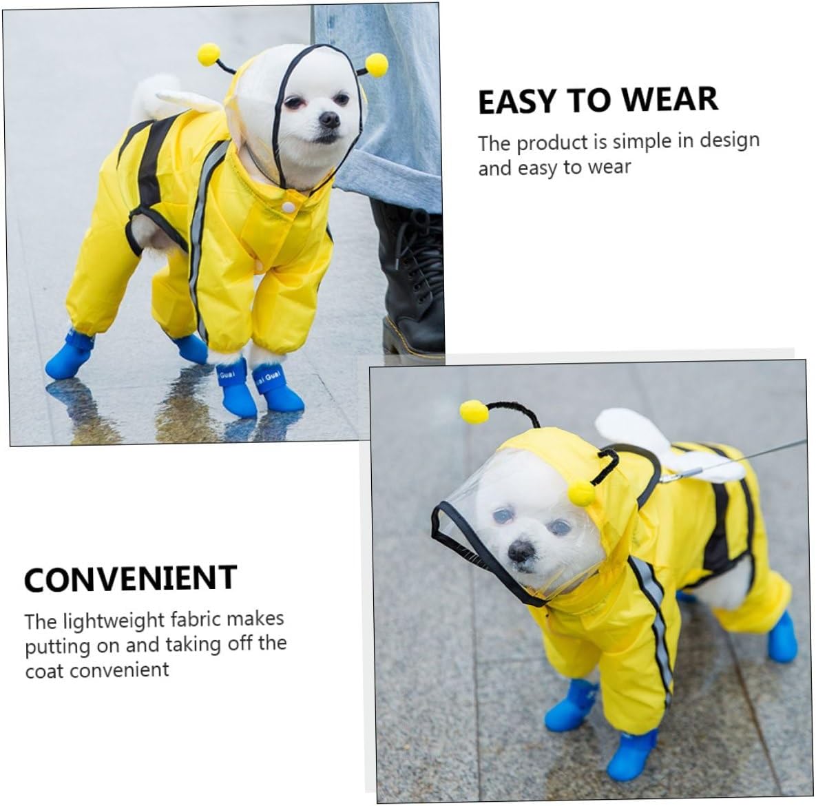 Kisangel Bee Shaped Pet Raincoat Hooded Waterproof Dog Rain Jacket Small Size Four-Legged Rain Slicker for Puppies and Small Dogs