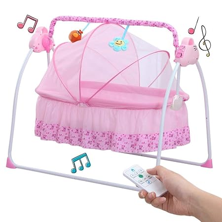LAVNIK Baby Cradle Swing, Big Space Electric Automatic Baby Cradle Swing for Infants with Mosquito Net, Dolls and Music for Indoor/Outdoor, Boys or Girls bassinets Gift, Baby Jhula Crib Infant Rocker Baby Sleeping Basket Bed (Pink)