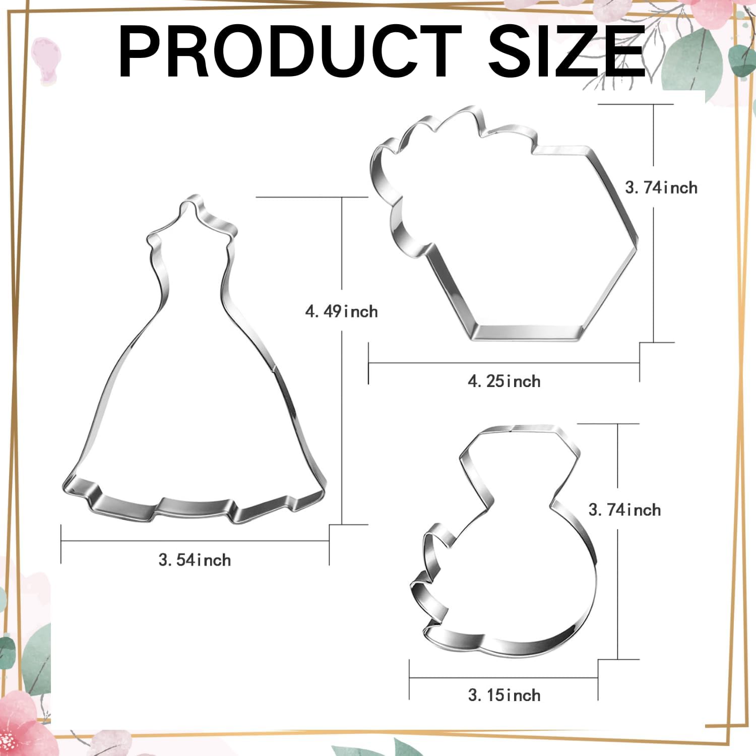 New Green Wedding Cookie Cutter Set-3 Pieces-Wedding Dress, Diamond Ring, Hexagon Cookie Cutter with Leaf-Dishwasher Safe Fondant Cookie Cutters