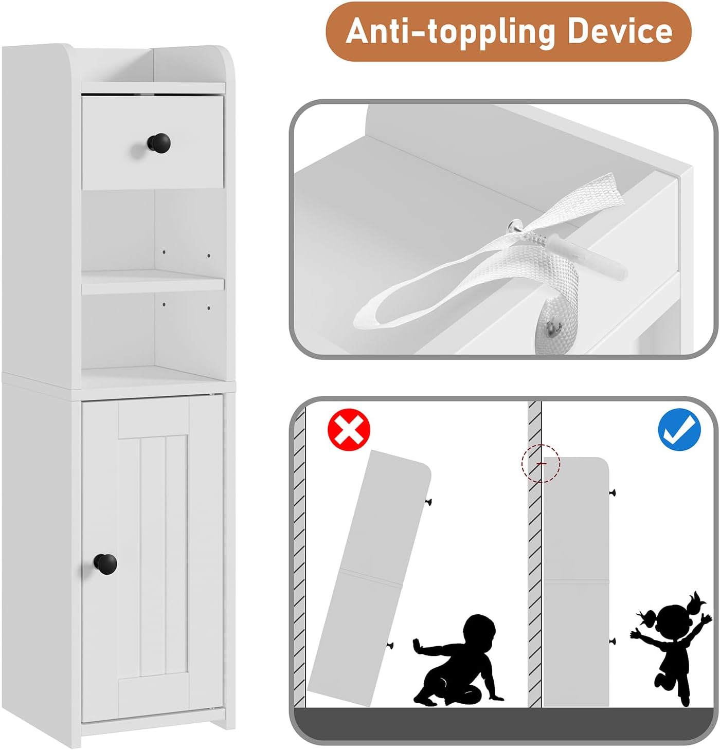 Small Bathroom Storage Cabinet,Narrow Toilet Paper Holder,Corner Floor Cabinet with Doors and Drawer for Small Space,Adjustable Shelf Organizer,7.75L*7.75D*29.6H,White