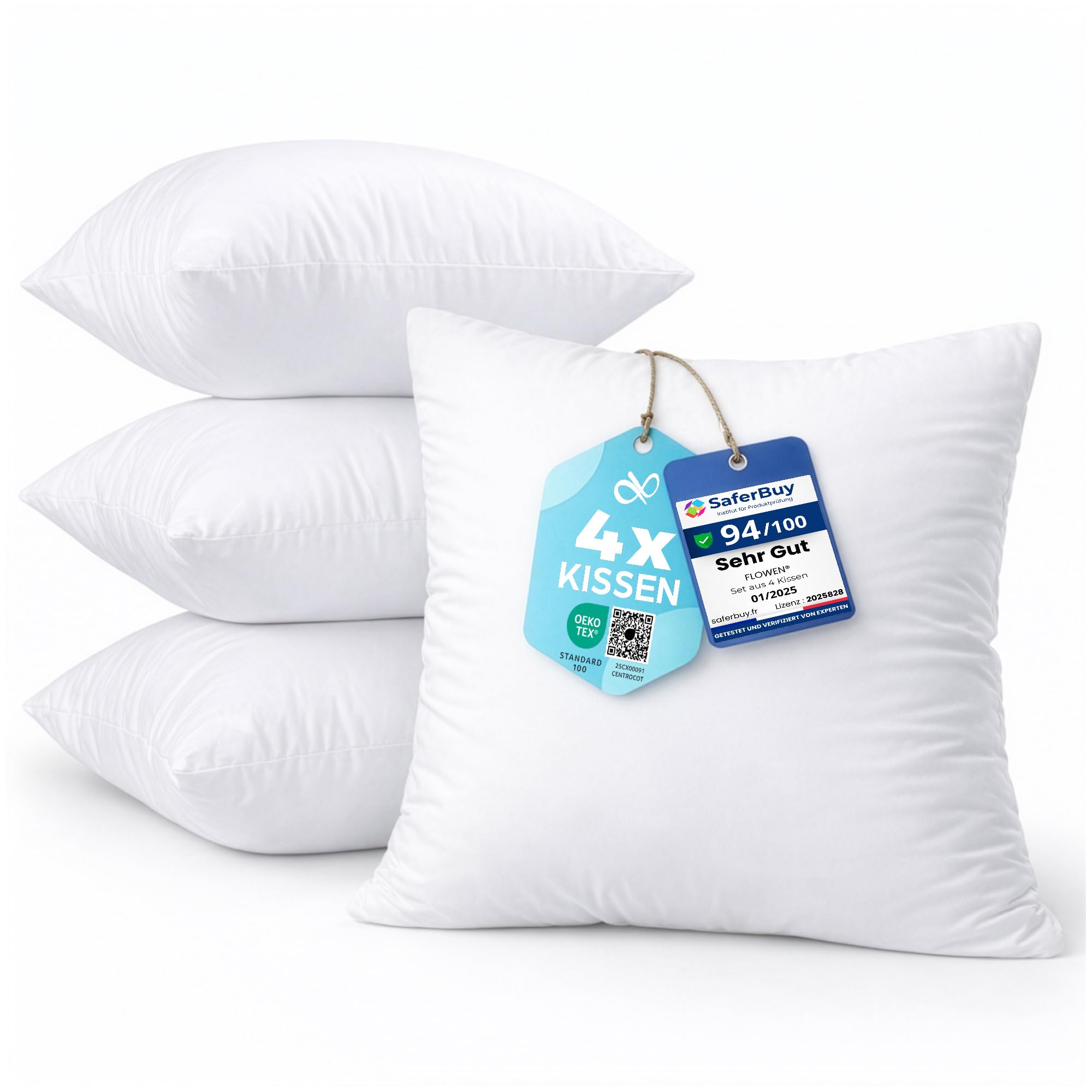 Flowen Kissen 50x50 Kopfkissen 4er Set für Sofa und Bett Innenkissen Hypoallergene Anti-Milben Kissenfüllung mit Weicher Gesteppter Kissenbezug 100% Polyester für Haus/Hotel