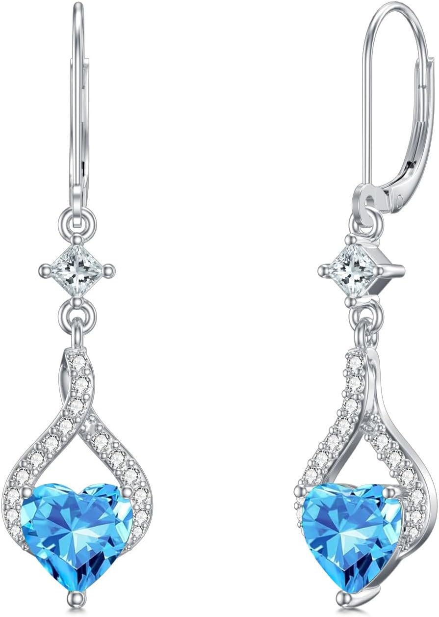 Infinity Drop Earrings for Women 925 Sterling Silver Heart-Shaped Birthstone Leverback Dangle Earrings for Mom Wife Her