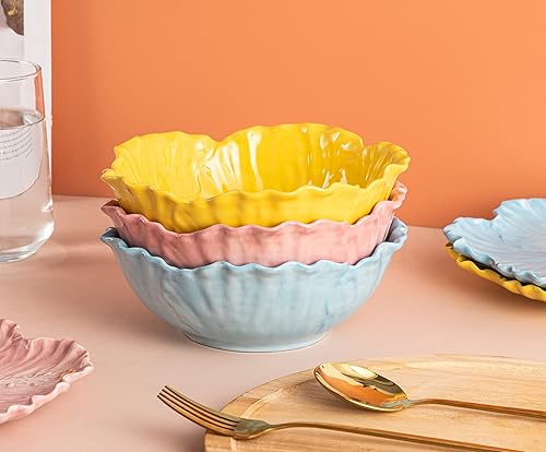 Miniatura 5 de AwakingWaves Lindo cuenco de cerámica hecho a mano con diseños de hibisco para frutas, ensaladas y sopas, cuenco amarillo de caramelo esculpido en