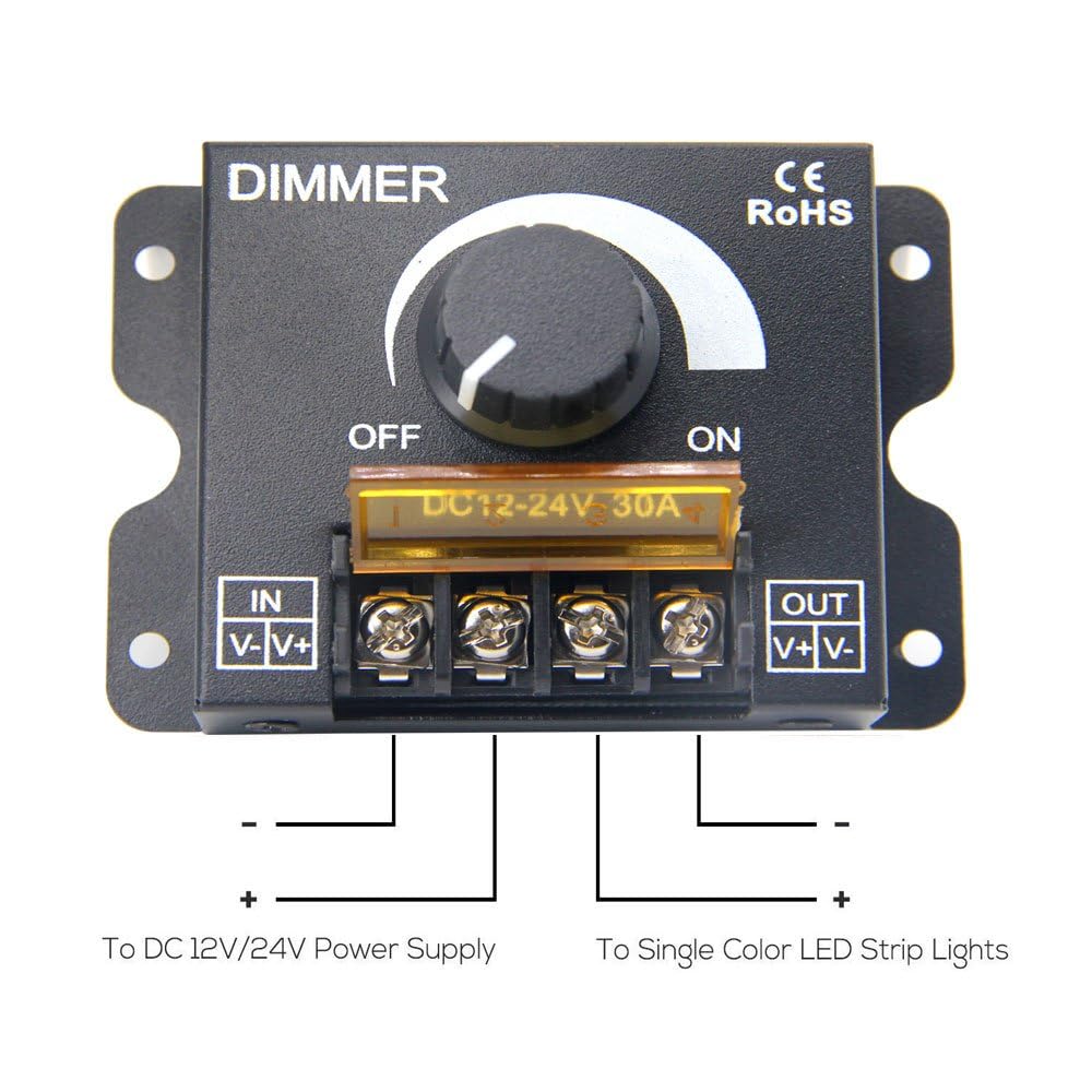 Gebildet 2pcs Contrôleur de Gradation PWM DC12V/24V 30A,Bouton de Réglage de la luminosité,Interrupteur Marche/arrêt pour Bandes Lumineuses LED Monochromes,Variateur de lumière LED à Coque Métallique