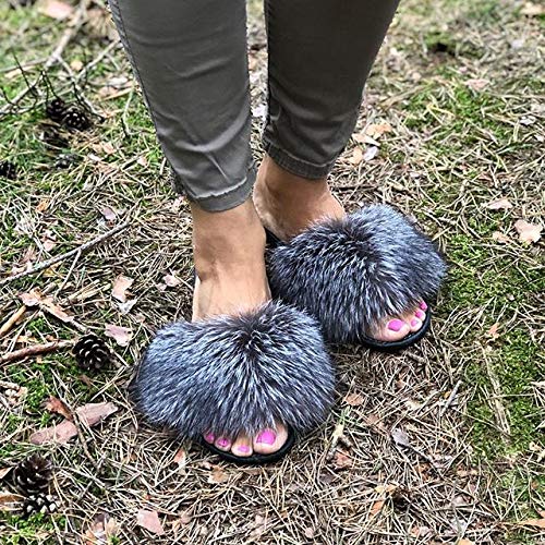 LVCOMEFF Women Real Fox Fur Sandals Slides Black Red Color Slippers Summer Fluffy3
