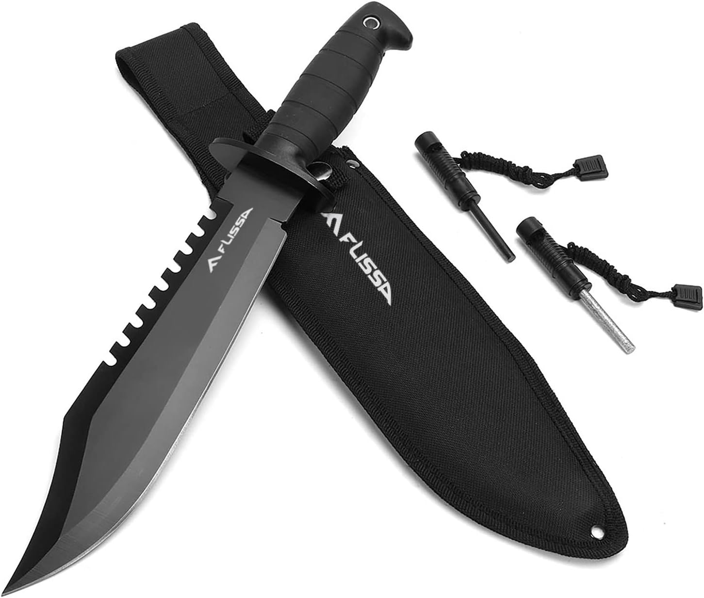 FLISSA Survival Hunting Knife with Sheath, 15-inch Full Tang Fixed Blade Tactical Bowie Knife with Sharpener & Fire Starter for Camping, Outdoor, Bushcraft