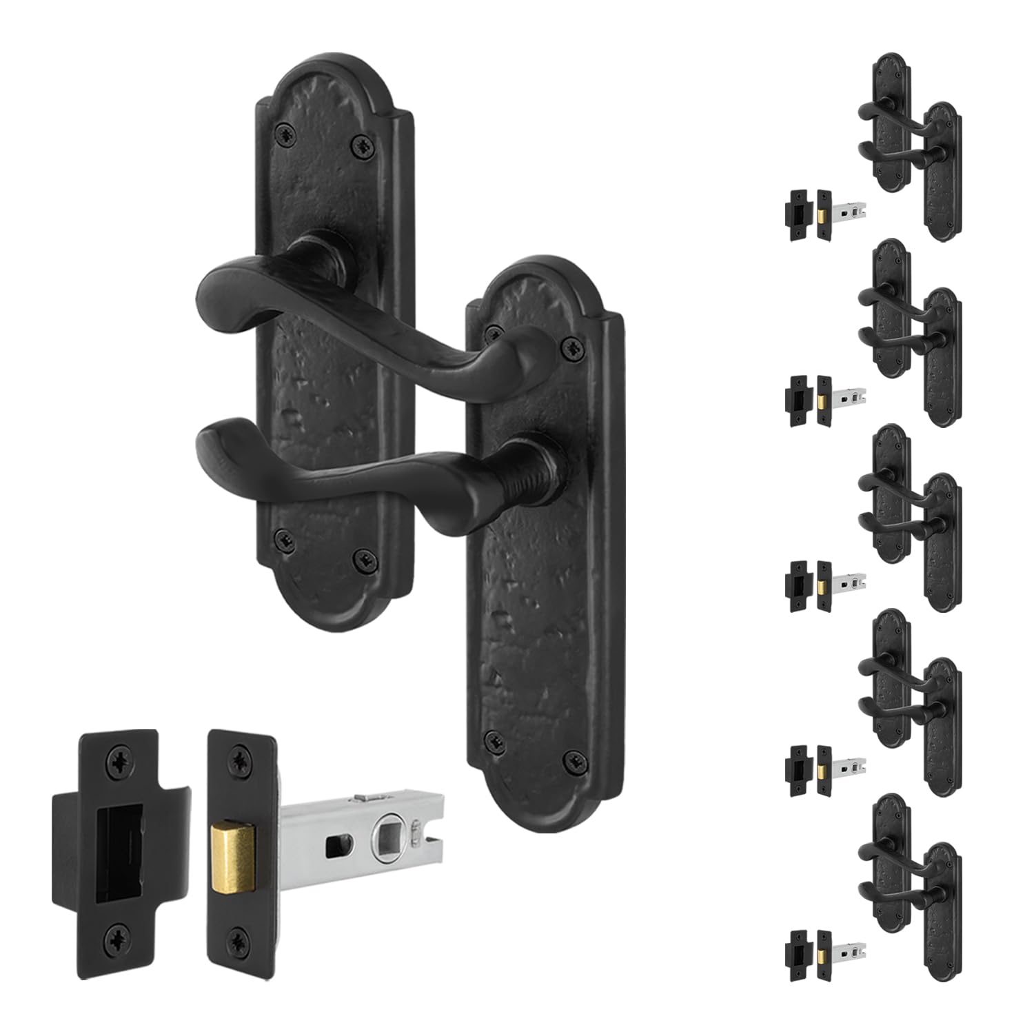 EAI Black Antique Door Handles Latch, 6 Pairs of Cast Iron Scroll Shaped Backplate Internal Handles and Latch 64mm, Alton