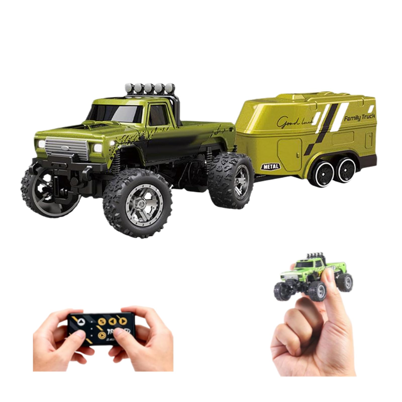 Mini RC Monster Truck, 1:64 Scale RC Monster Truck USB Rechargeable Underflow with Trailer, 2.4Ghz Remote Control Car with Lights, Speed/Steering Adjustable