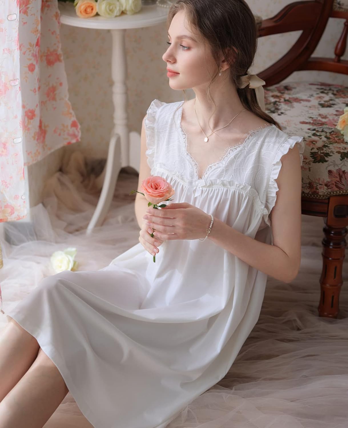 Nanxson Women's Knitted Cotton Nightgown Sleepwear Sleeveless Sleep Dress V Neck Lace Nightwear Victorian Loungewear - Image 7
