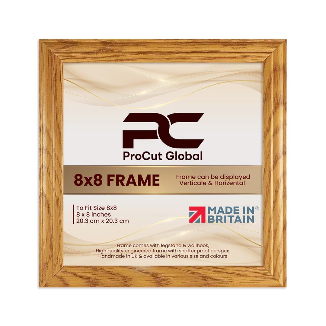 Procut Global 8x8 Oak Picture Frames - Classic Wooden Photo Frame with Shatterproof Perspex for Wall or Tabletop - Perfect for Posters, Certificates & Prints - Sizes & Colors Available