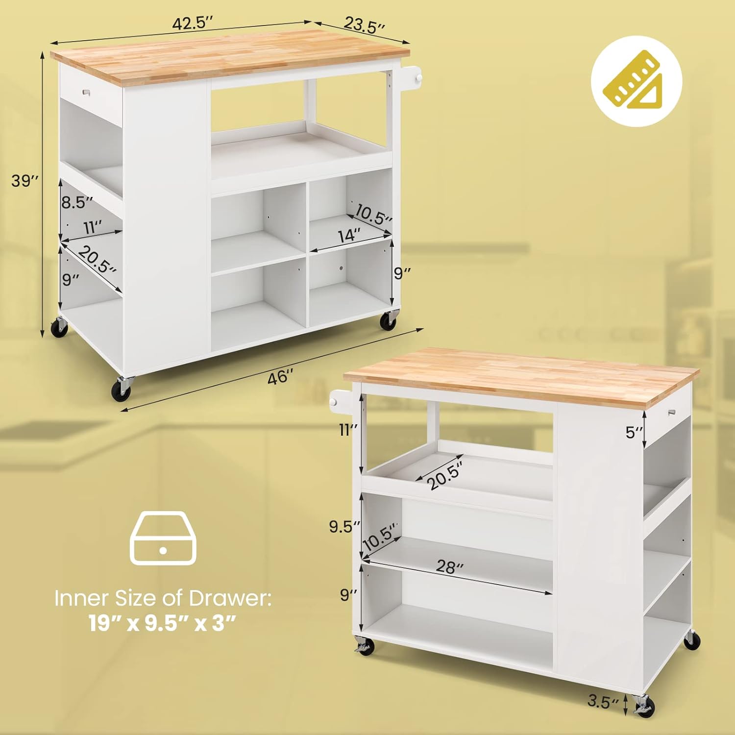 Giantex Kitchen Island Cart on Wheels, Rolling Island Table with Rubber Wood Top, Drawer, 3 Tier Spice Rack, 8 Storage Shelf & Cube, Serving Cart for Dining Room Bar, 46"x23.5"x39" White