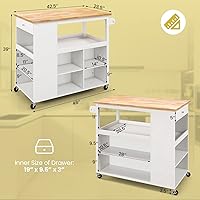 Vista 8 de Giantex Carrito de isla de cocina con ruedas, mesa de isla rodante con parte superior de madera de caucho, cajón, estante para especias de 3