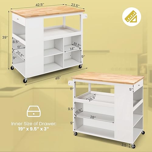 Miniatura 7 de Isla de cocina blanca, carrito de almacenamiento rodante con parte superior de madera de goma, cajón, estantes abiertos y toallero, carritos de