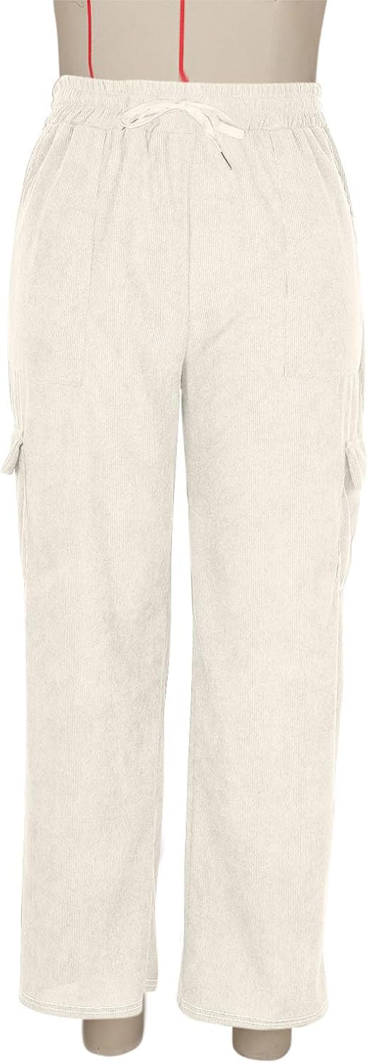 Women Corduroy Pants Wide Leg Casual Elastic High Waisted Drawstring Loose Fit Vintage Fall Winter Pant with Pocket