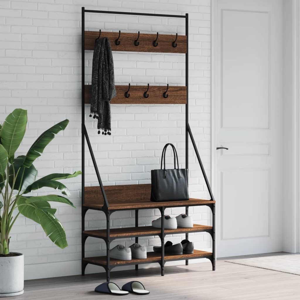 Porte-manteau avec rangement pour chaussures marron chêne 90x34x184 cm