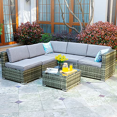 YITAHOME 6 Piece Outdoor Patio Furniture Sets, Garden Conversation Wicker Sofa Set, and Patio Sectional Furniture Sofa Set with Coffee Table and Cushion for Lawn, Backyard, and Poolside, Gray Gradient