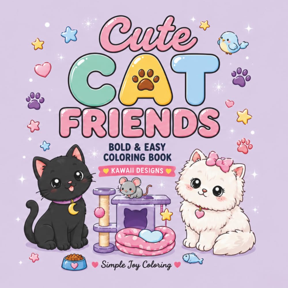 Cute Cat Friends: Bold and Easy Coloring Book Featuring Cute Kawaii Cats for Relaxation and Stress Relief (The Cute Animal Friends Collection)