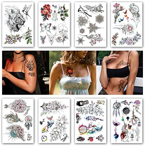 Kotbs 8 Sheets Geometric Lace Flowers Waterproof Temporary Tattoo Sticker Rabbit Dream Catcher Line Rose Flash Tattoos Body Art Arm Fake Tatoo
