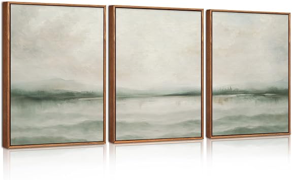 CHDITB 3Pcs Framed Misty Green Mountain Lake Canvas Wall Art,Watercolor Abstract Natural Landscape Wall Decor,Neutral Modern Scenery Art Prints for Farmhouse Home Living Room Bedroom Office30x40cm