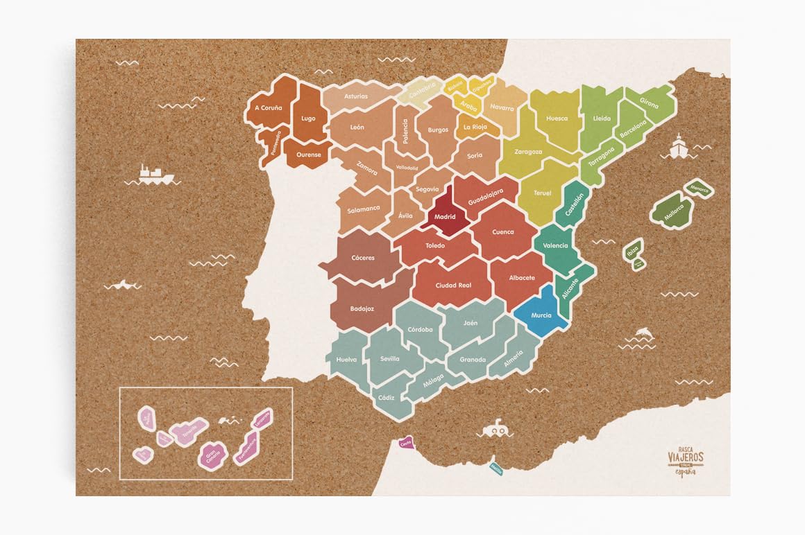 Mapa de corcho de España, 40x60cm (Blanco/color)