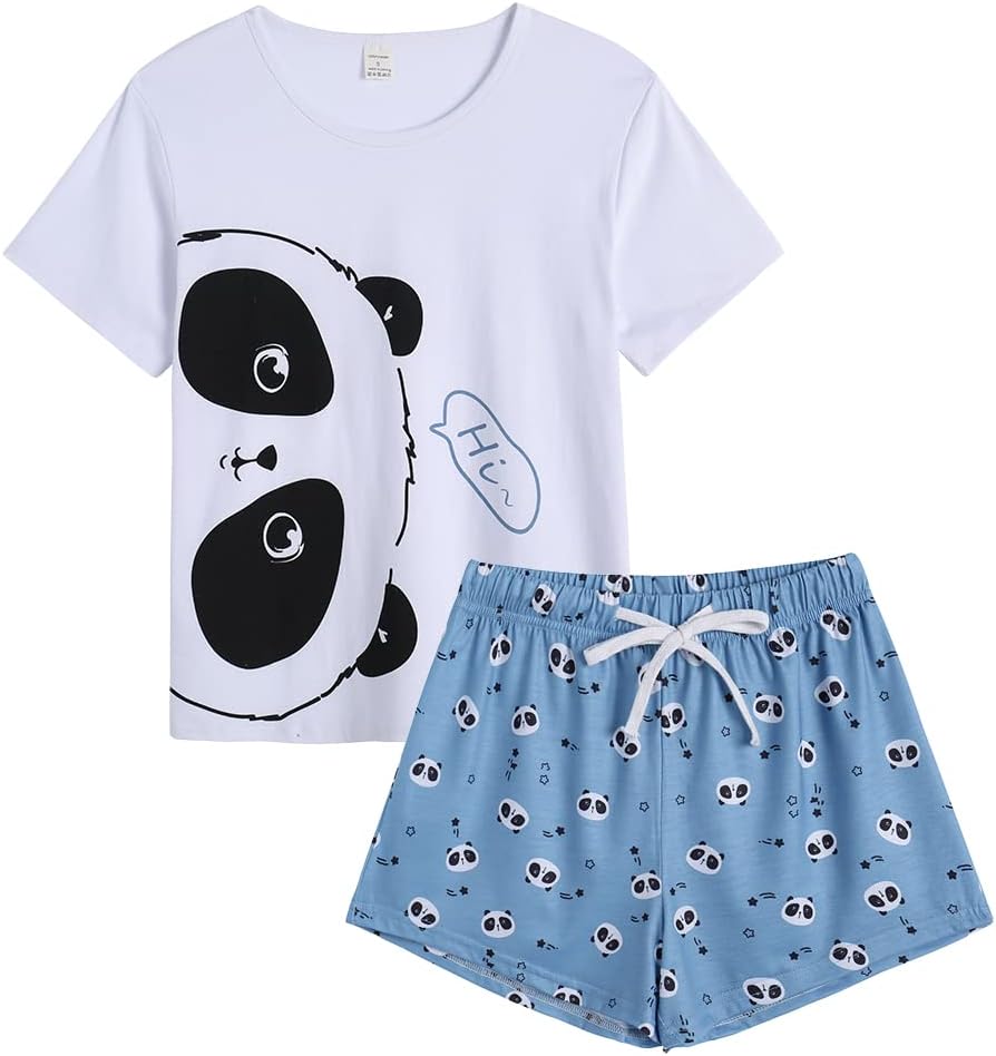 MyFav Women Pyjama Set Cute Panda Pattern Short Sleeve Striped Shorts Sleepwear
