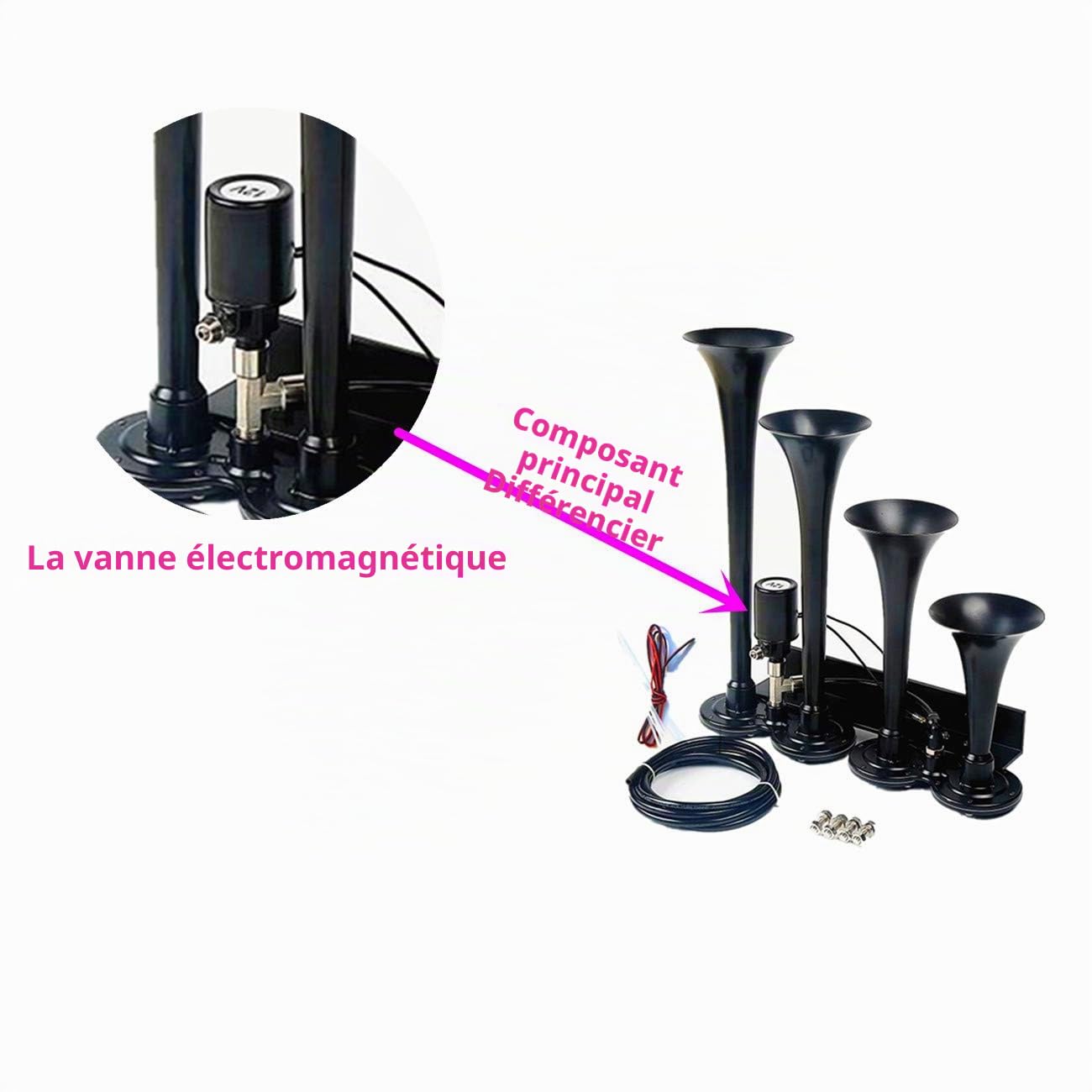 klaxon électrique vanne électrovanne contrôle électrique Corne à air étanche Quatre Tubes Noir approprié pour Tout 12V 24V Camion Camion Voiture Bateau Voiture
