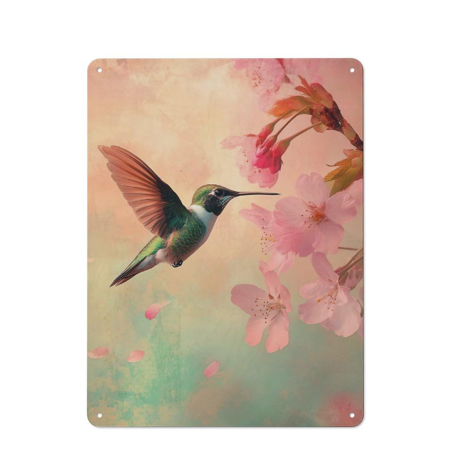 Junmoney Style-13 40X30cm Retro Tin Sign With Hummingbird And Cherry Blossoms Art For Lounge Or Reading Corner, A Decorative Metal Sign For Lounges And Reading Corners