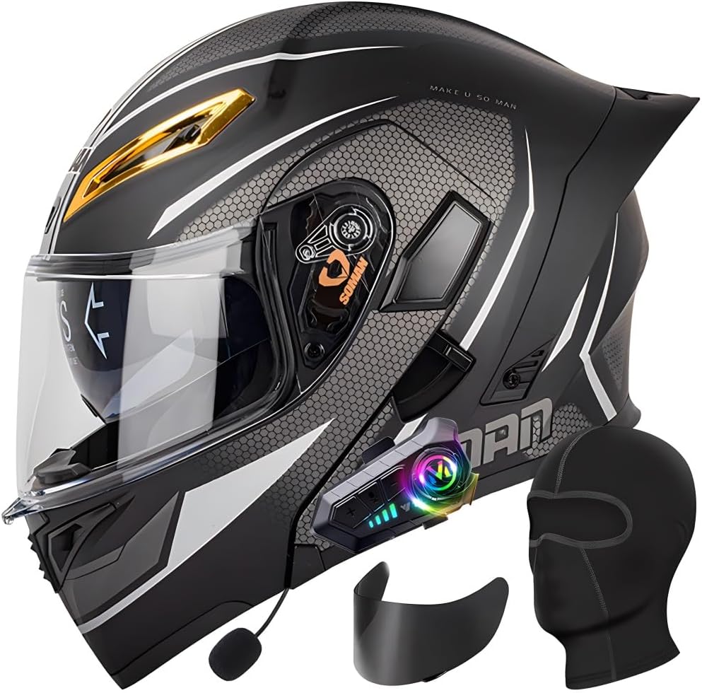 Bluetooth Modular Motorcycle Helmets, DOT Approved Flip Up Full Face Dual Visor Helmet, with Dual Speakers and Microphone, Lightweight ABS Shell Helmets, for Adults Men Women