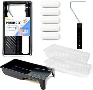 Allgala Foam Paint Roller Kit, 9 Pack 4 inch Mini High Density Foam Paint Roller Covers, Frame, Tray, for Trim Wall Funiture Doors Cabinets, Cupboards