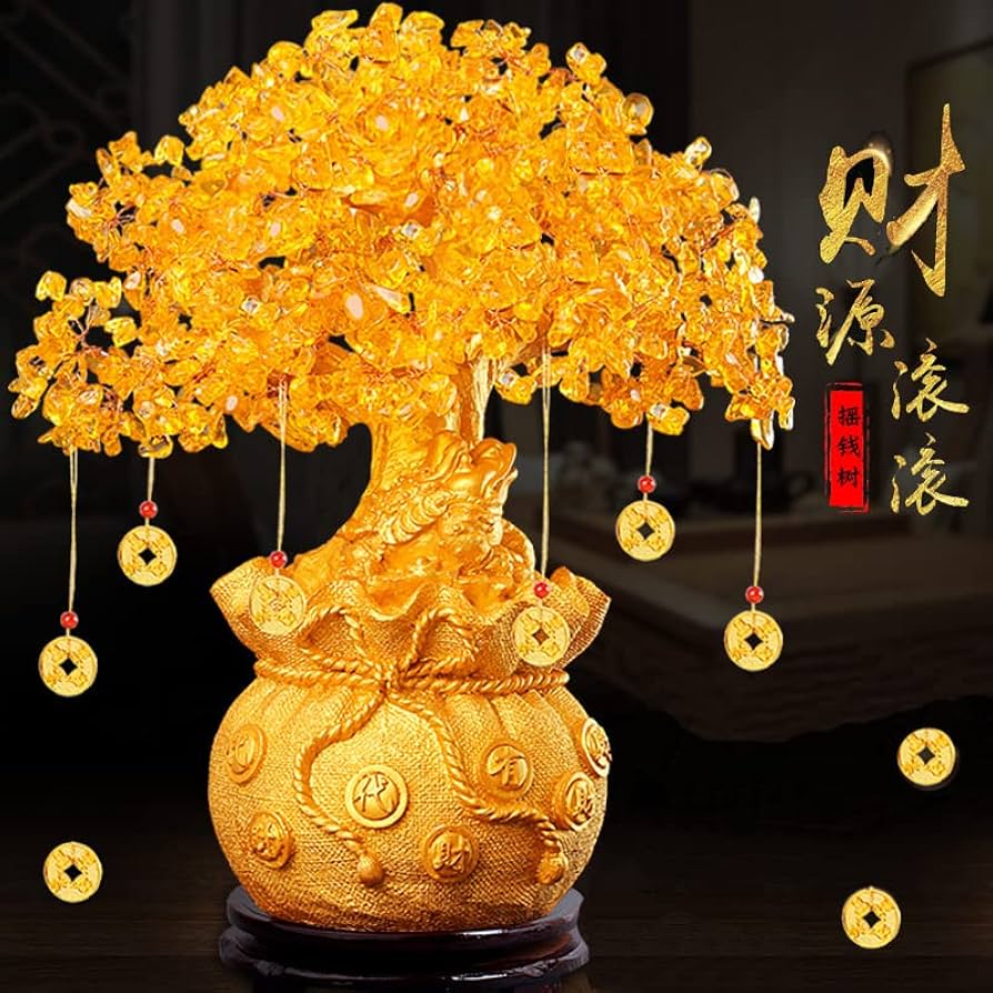 Amazon.com: QianKao 黄水晶金蟾招财树发财树福袋摇钱树家居礼品
