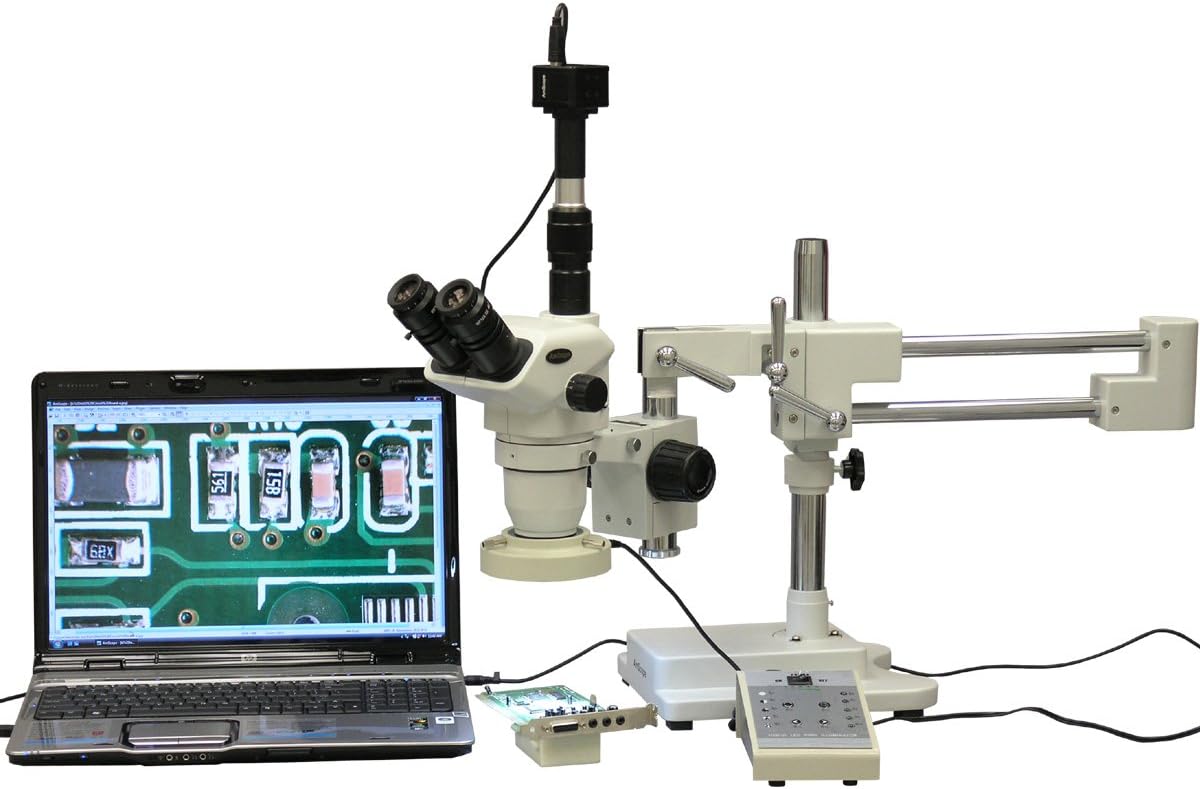 AmScope ZM-4TNW3-80AM-9M Digital Professional Trinocular Stereo Zoom Microscope, EW10x and EW25x Eyepieces, 2X-225X Magnification, 0.67X-4.5X Zoom Objective, Eight-Zone LED Ring Light, Double-Arm Boom Stand, 110V-240V, Includes 0.3x and 2.0x Barlow Lenses, 9MP Camera with Reduction Lens, and Software