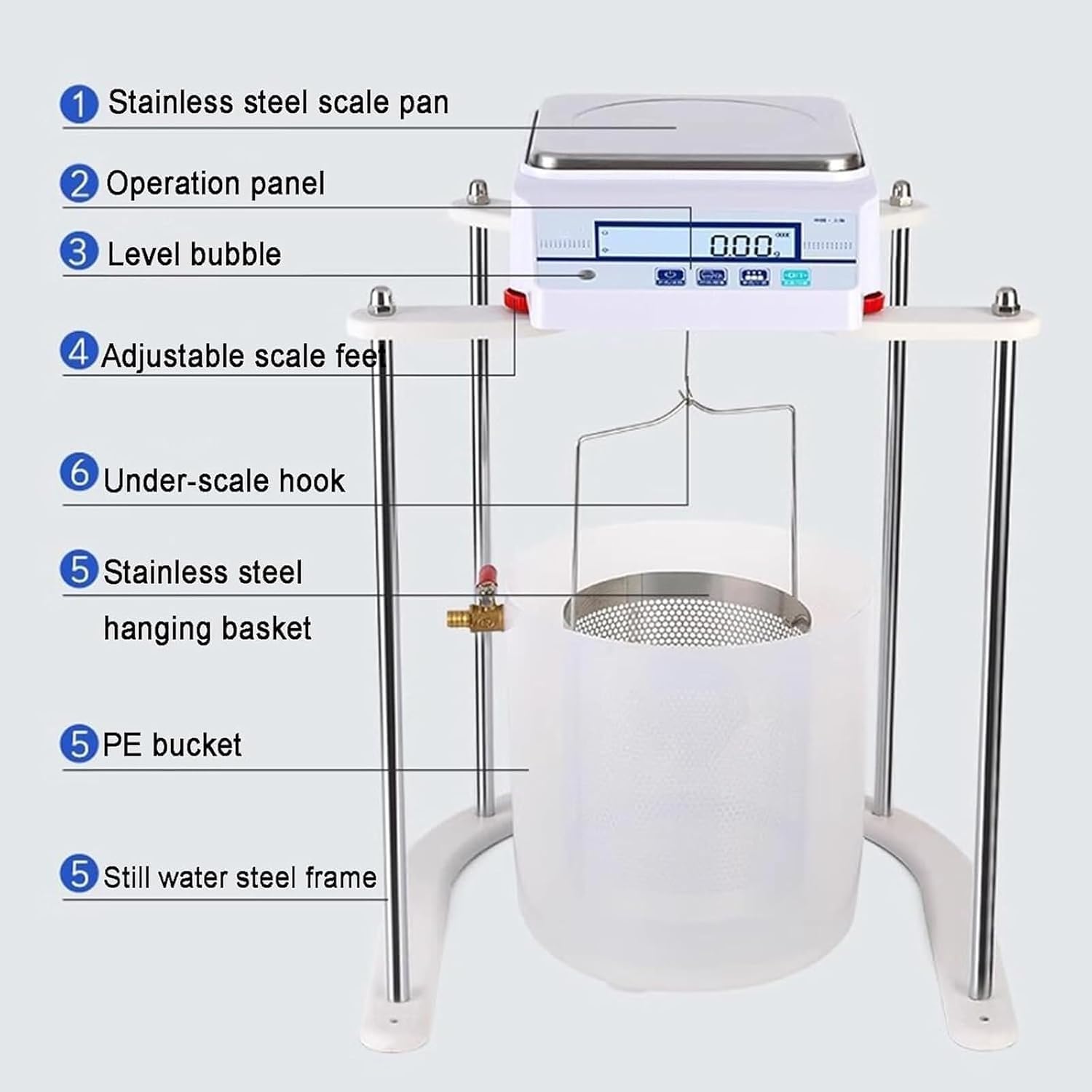 Balanza hidrostática digital, capacidad de 15 kg, precisión de 0,1 g, pantalla LCD, patas ajustables. Conectividad de datos. (5kg/0.1g)