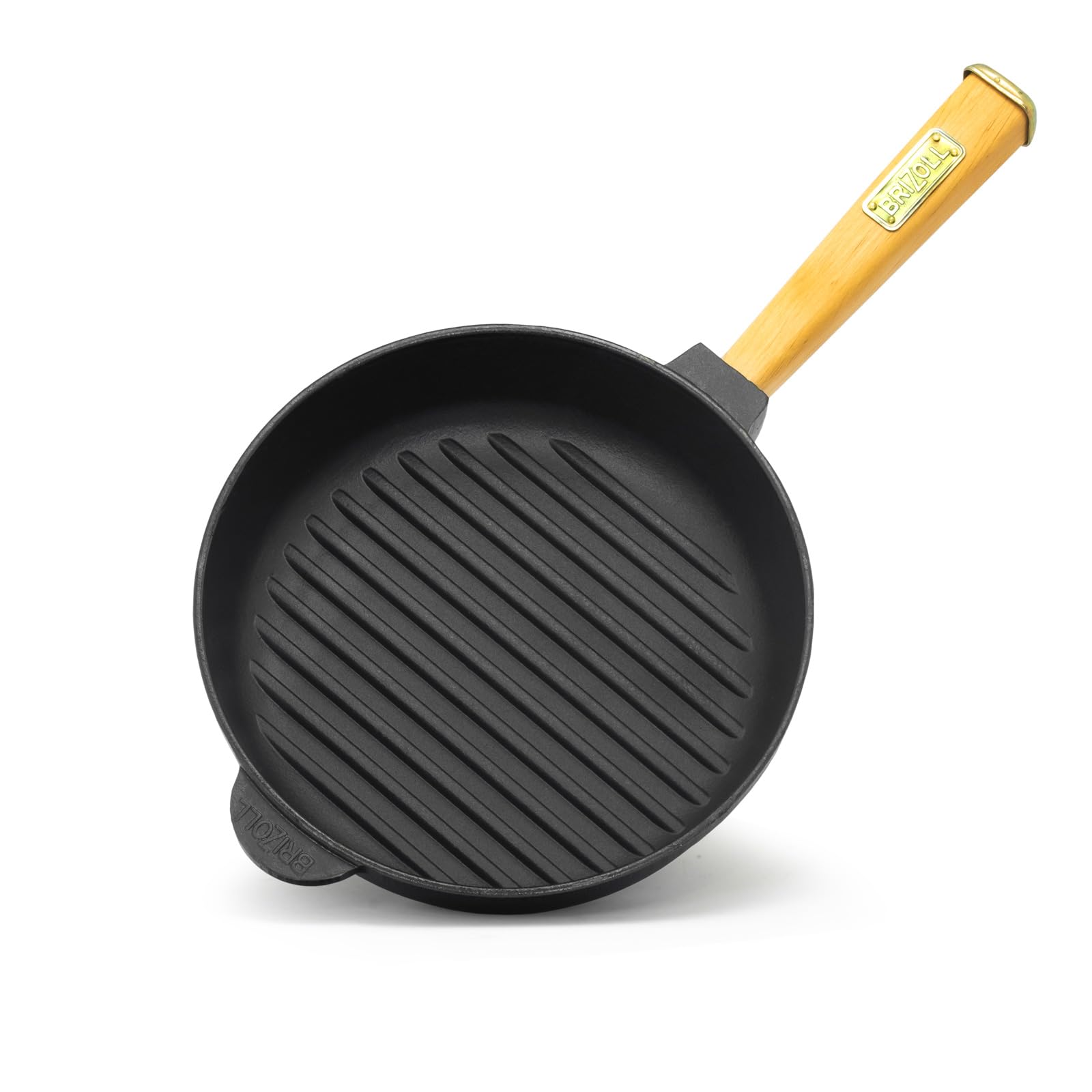 4BIG.fun Bistecchiera in ghisa, diametro 24 cm, con coperchio in vetro, padella a induzione, manico in legno, adatta per barbecue a gas, forno, focolare, tutti i piani cottura, compresi quelli a