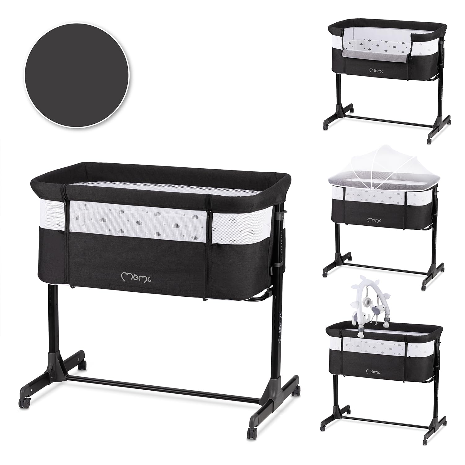 Momi REVO Lettino multifunzionale, con regolazione dell'altezza su 6 livelli da 72 a 82 cm, con rotelle, materassino incluso, cinghie di fissaggio, zanzariera e barra giochi