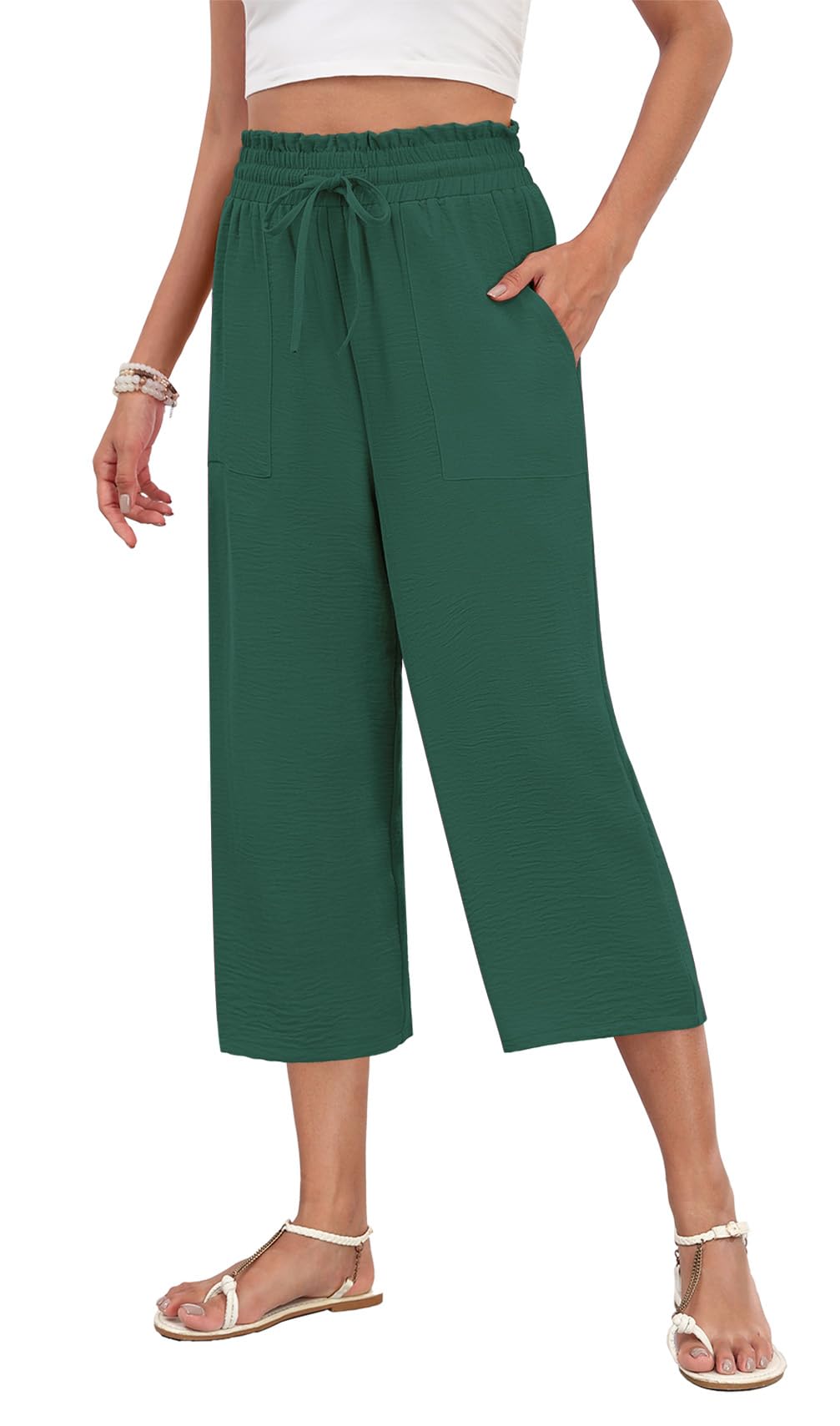 LAOLASI Womens Capri Pants Casual High Waisted Wide Leg Lounge Pants Drawstring Loose Palazzo Pants Trousers with Pockets M Drak Green