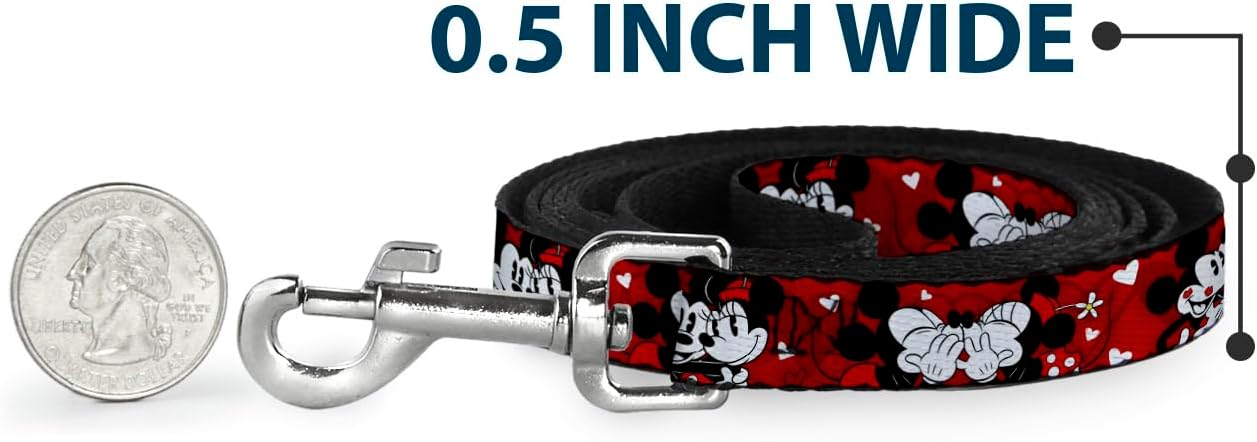 Dog Leash Mickey Minnie Hugs Kisses Poses Reds White 6 Feet Long 1.0 Inch Wide