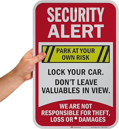 Miniatura 2 de SmartSign Letrero de metal con texto en inglés "Security Alert - Park At Your Own Risk, Lock Your Car, Not Responsible", aluminio de 63 mil,