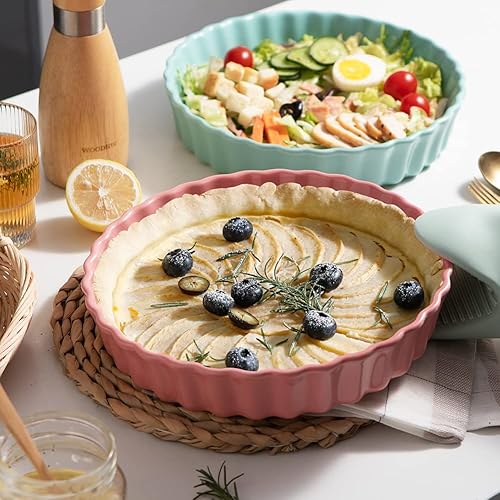 Miniatura 10 de Sweejar Molde de cerámica para hornear, plato redondo de 9.5 pulgadas con flecos ondulados, plato antiadherente para pastel de calabaza, pastel de