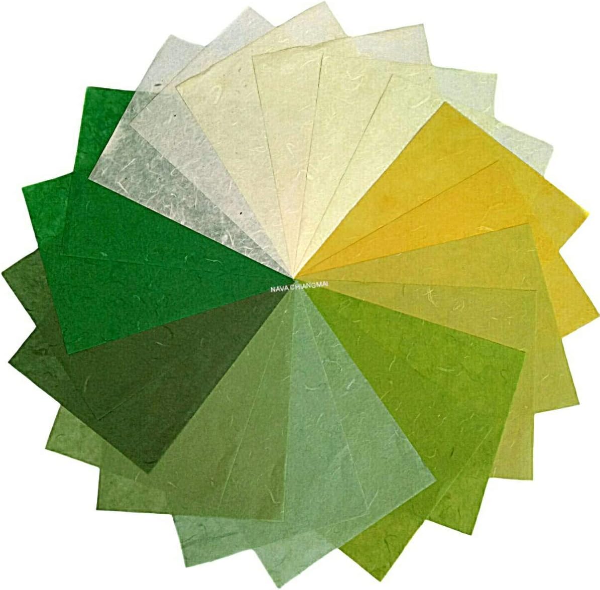 NAVA CHIANGMAI Thin Standard Color of Mulberry Paper Sheets Paper Decorative DIY Craft Scrapbook Wedding Decorative Mulberry Paper Art Tissue Japan (Green Tone)