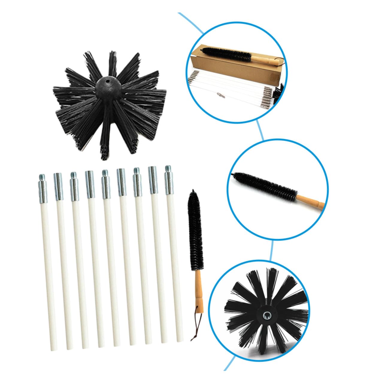 KOMBIUDA Scovolino Canne Fumarie in Nylon Manico e Aste Flessibili in Ferro per Pulizia Condotti e Rimozione Lanugine Set 9 Pezzi Nero per Ventilazione e Cappa
