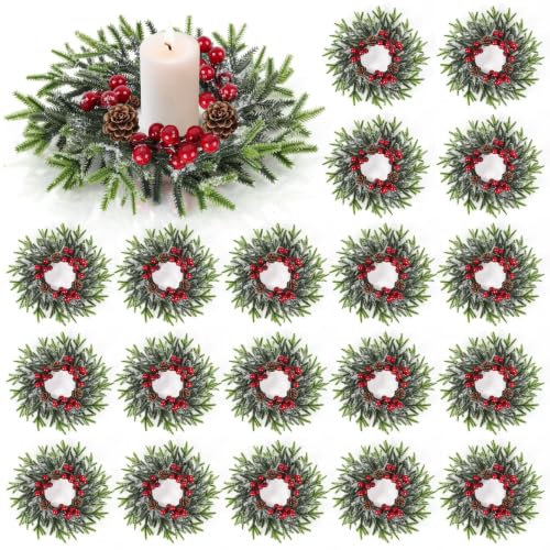 Image of 18 Pcs Christmas Candle Rings Wreath Mini Christmas Table Centerpieces Red Berry Pinecones Wreaths for for Front Door Kitchen Cabinet Holiday Party Farmhouse Porch Wall Outdoor Indoor Home Decoration
