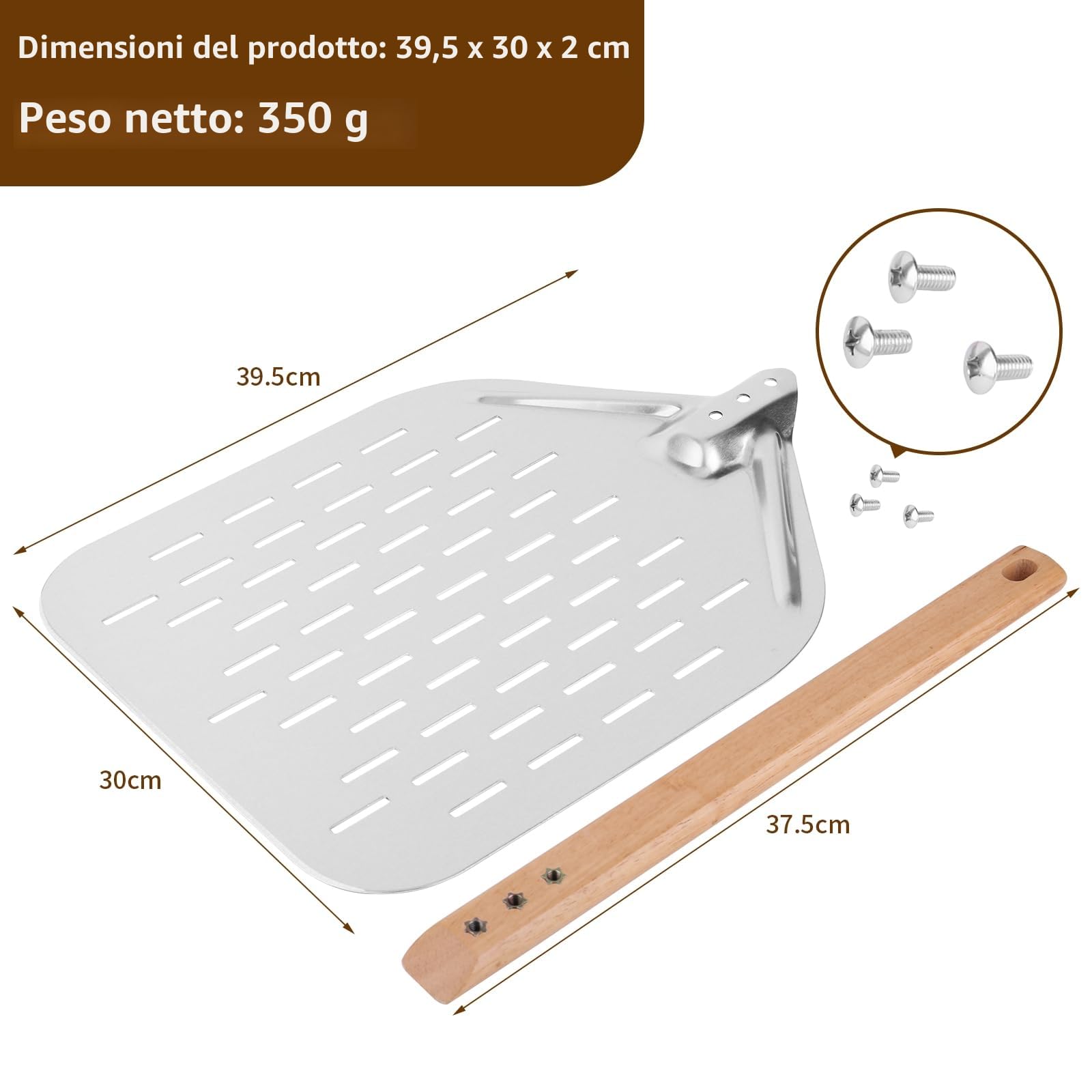 Pala per pizza 40 x 30 cm, con grande superficie e manico rimovibile