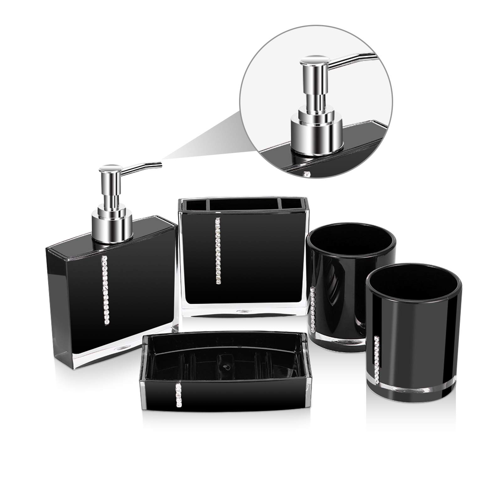 Cocoarm Ensemble d'Accessoires de Salle de Bain, 5 Pièces en Résine, Noir, Comprend Bouteilles de Lotion, Porte-Brosse à Dents, Tasse à Dents, Porte-Savon