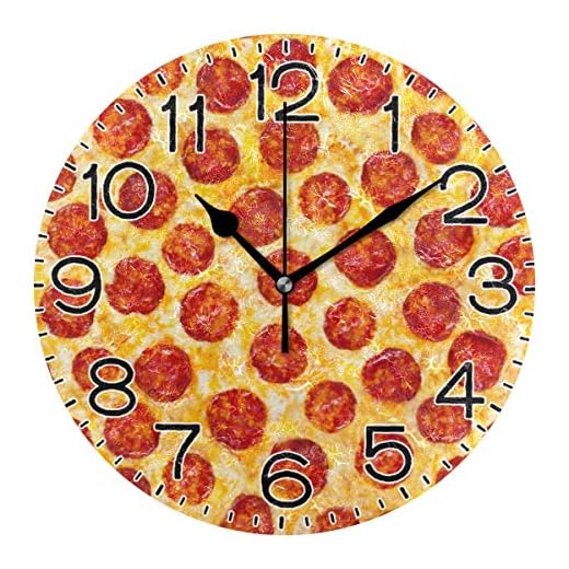 Pepperoni Pizza Wall Clock Battery Operated Non Ticking Silent Quartz Analog Rustic Farmhouse Round Clock Retro Decor for Home Kitchen Living Room Bathroom