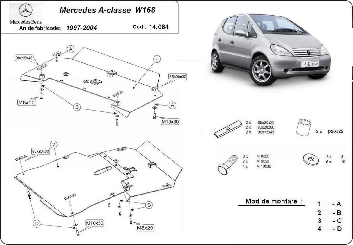 Protezione motore in metallo compatibile con Mercedes Classe A W168 (1997-2004)