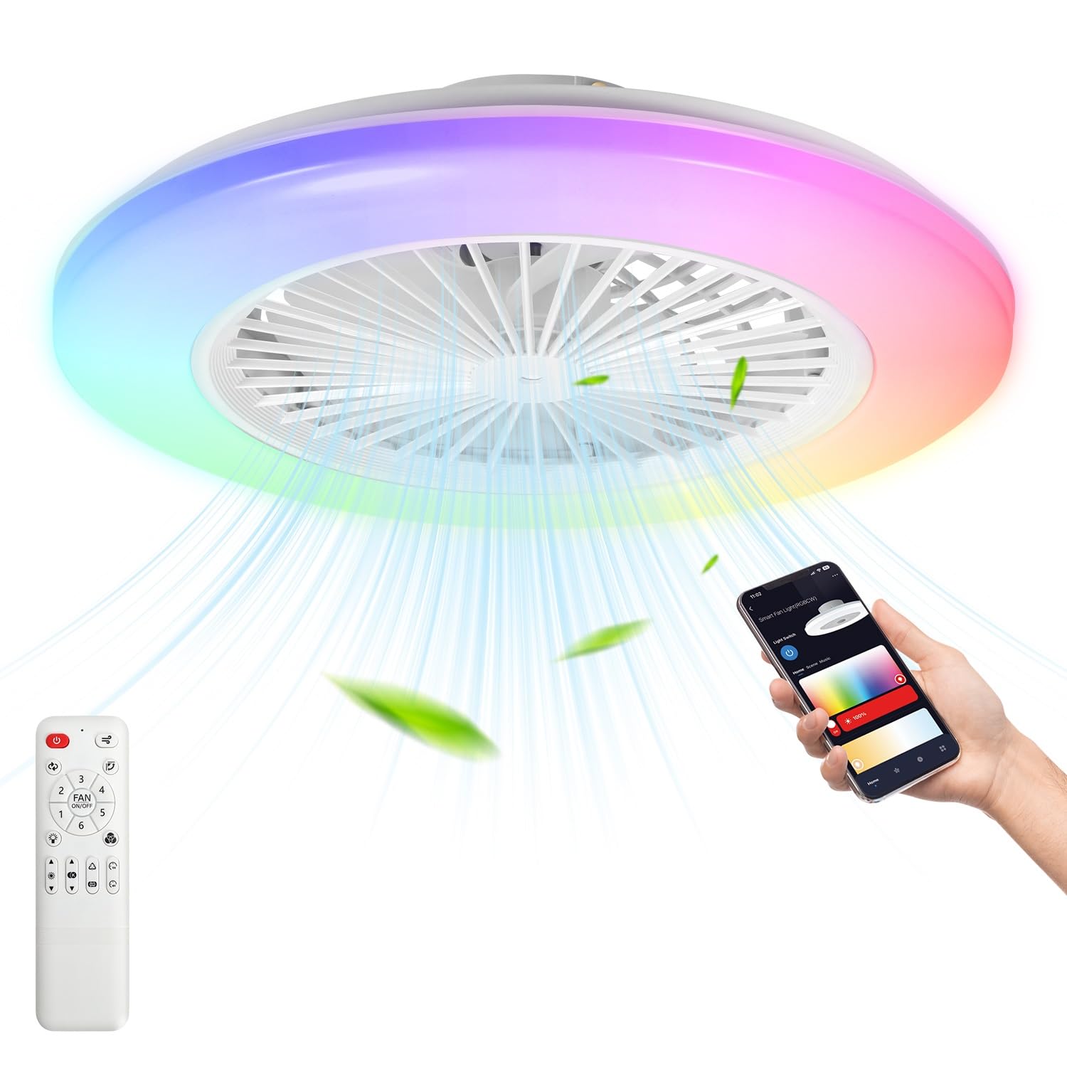 Deckenventilator Mit Beleuchtung, Smart RGB LED Fan Licht, φ50cm Deckenleuchte mit Ventilator, dimmbar, App und Fernbedienung, 6-Gang, 3 Farbtemperatur, Timer, Sommer/Wintermodus