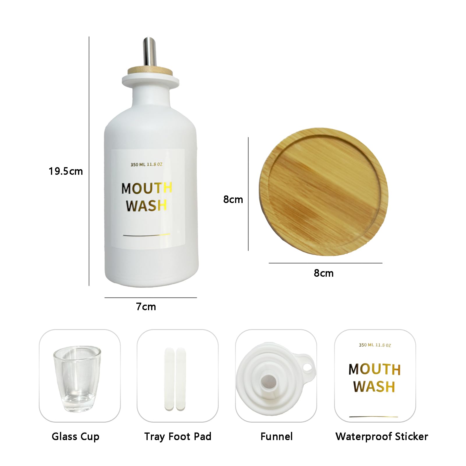 Hniuyun 11.8 oz Glass Mouthwash Dispenser for Bathroom with Bamboo Tray & Steel Nozzle - Reusable Cup, Gold Accents, Countertop Decor - Image 2