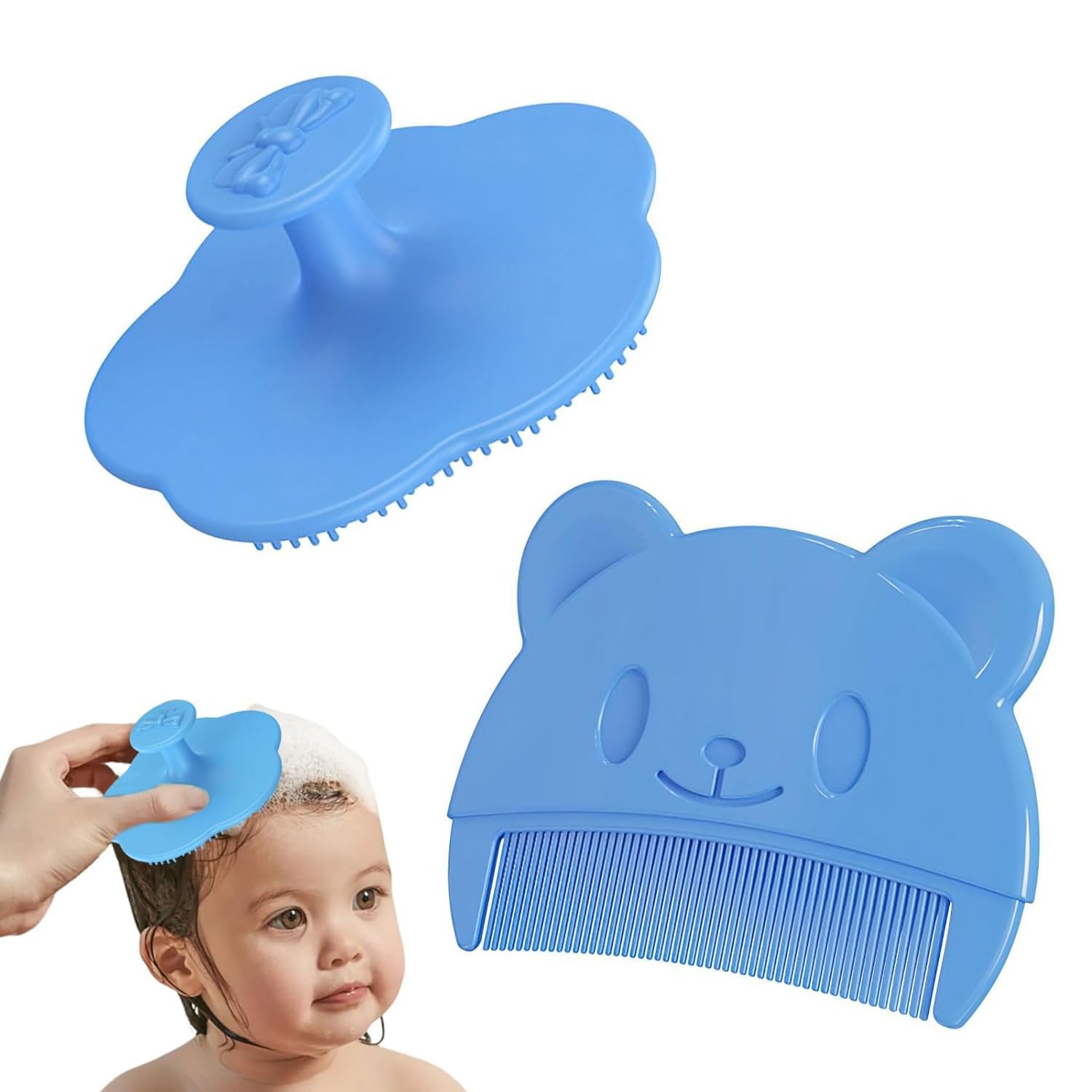 2 Stück Baby Kamm & Badebürste Set - Sanfte Massagebürste & Haarkamm zur Milchschorfentfernung für Neugeborene & Kleinkinder, Weiche Silikonborsten (Blau)